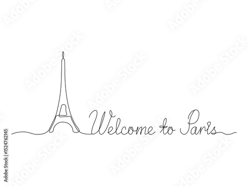 Welcome to Paris, France, banner,postcard, continuous single one line art drawing sketch, logo