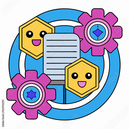 Blockchain smart contract with gear and document icon vector illustration