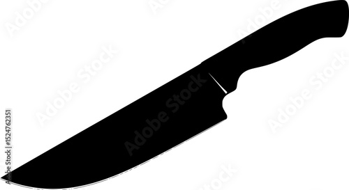A silhouetted image of a large knife with a broad blade and a contoured handle