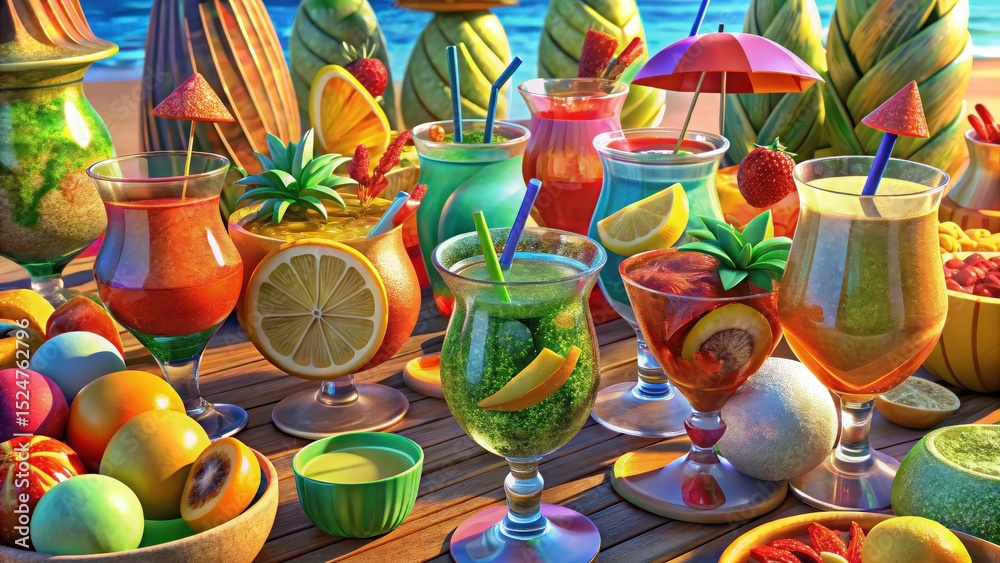 Fototapeta premium Vibrant fruit cocktails on a sunny beach table decorated with colorful umbrellas and garnishes