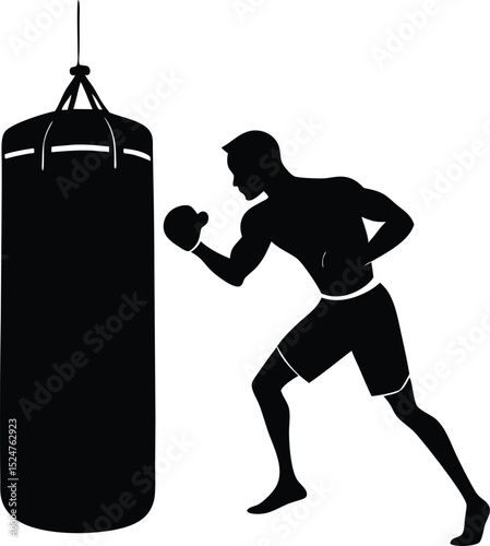 Boxing punching bag silhouette, boxer punching punching bag silhouette design
