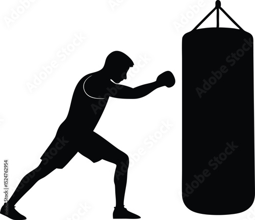 Boxing punching bag silhouette, boxer punching punching bag silhouette design

