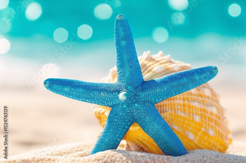 Azure starfish rests on a golden shell by the turquoise sea