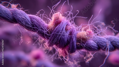 Close-up of a frayed and knotted purple rope with intricate textures and vibrant hues