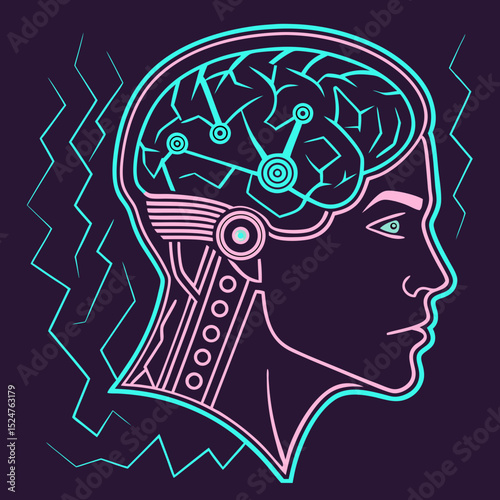 Neural link brain implant cyberpunk style icon vector illustration