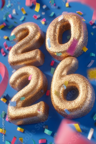 Golden '2026' Numbers with Confetti on Blue Background