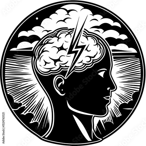 Lightning bolt intuition over head silhouette icon vector illustration