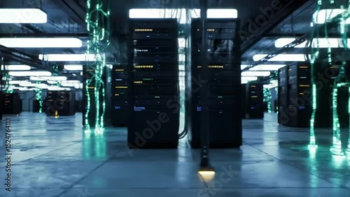 Modern Server Room With Futuristic Digital Connections and LED Lighting.