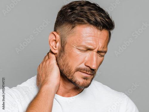 man in his thirties with short hair and beard is experiencing discomfort while holding his neck. His expression reflects pain and concern