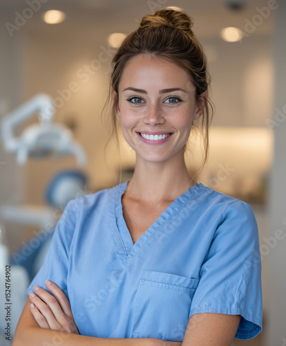 Professional dental hygienist smiling confidently in dental clinic, wearing blue uniform. bright environment reflects welcoming atmosphere for patients