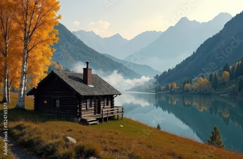 Misty mountain lake scenery with a rustic cabin.