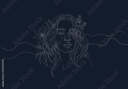 Abstract Female Line Art with Botanical Motifs on Deep Navy Background Minimal Vector Illustration