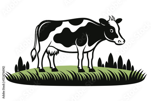 Countryside farm scene cow grazing in field isolated on transparent background