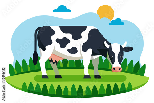 A contented cow grazing peacefully in a rural farm field isolated on transparent background
