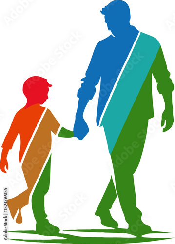 Father and Child Silhouette: Colorful silhouette of father and son walking together hand in hand, symbolizing guidance, love, and the bond between generations.