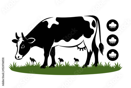 Happy cow grazing in a lush green countryside farm field isolated on transparent background