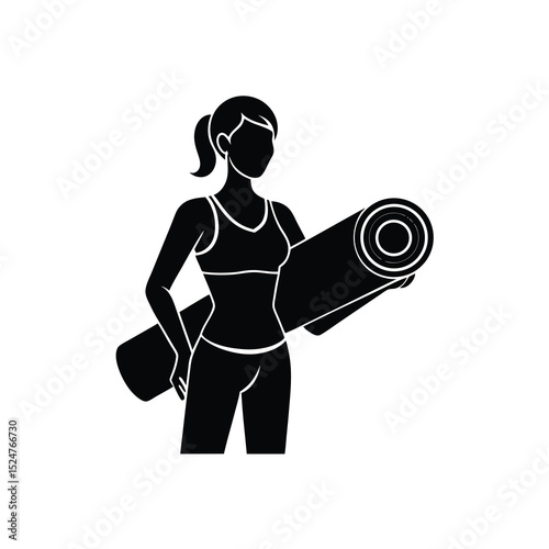 fitness trainer with yoga mat  clean silhouette  r.eps