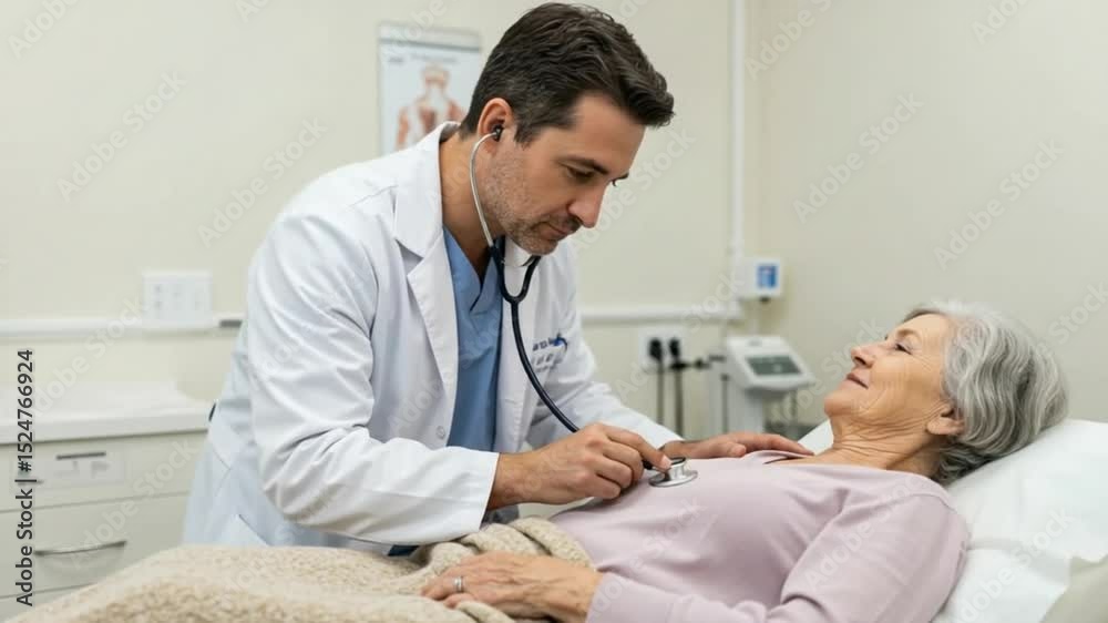 Caring Doctor Examines Elderly Patient in Hospital Caring Doctor Examines Elderly Patient in Hospital
