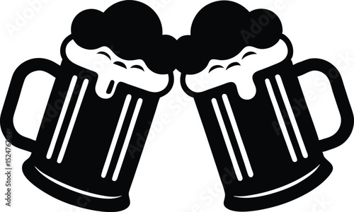 Beer mug silhouette, Two clinking beer mugs icon vector illustration