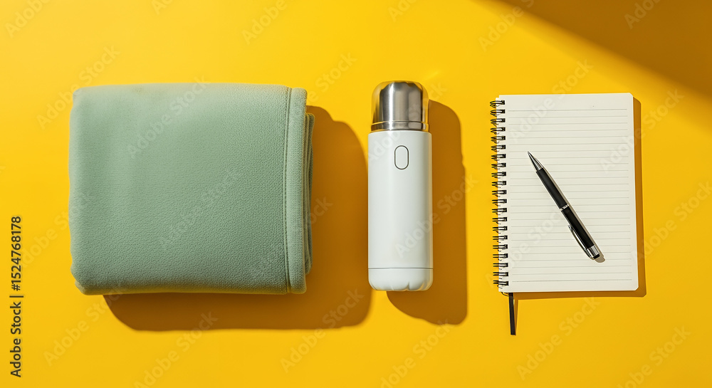 Corporate team retreat concept, folded fleece blanket, stainless steel thermos, and notebook with pen arranged on vibrant yellow background
Corporate team retreat concept, folded fleece blanket, stainless steel thermos, and notebook with pen arranged on vibrant yellow background