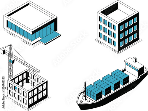 Isometric construction building city development shipping container transport urban architecture design vector editable stock vector illustration