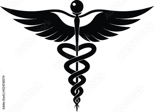 Caduceus medical symbol with wings and snakes vector. Caduceus medical symbol line art silhouette vector illustration