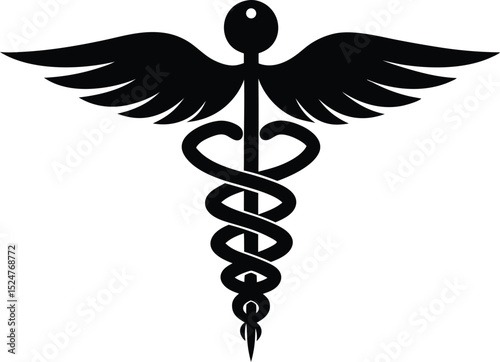 Caduceus medical symbol with wings and snakes vector. Caduceus medical symbol line art silhouette vector illustration
