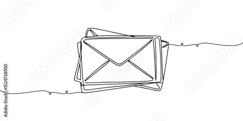 Continuous single line drawing of neatly stacked mail envelopes, representing communication and correspondence, line art style vector illustration.
