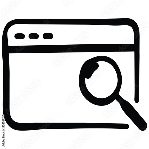Black and White Icon of a Web Browser with a Magnifying Glass