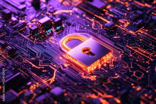 Digital security lock icon on circuit board.