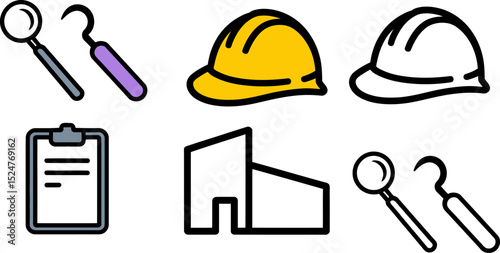 Construction safety inspection checklist building architecture dental health examination tools cartoon icons editable stock vector illustration