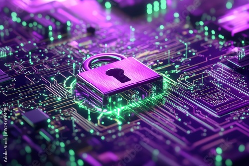 Metallic padlock on a circuit board.