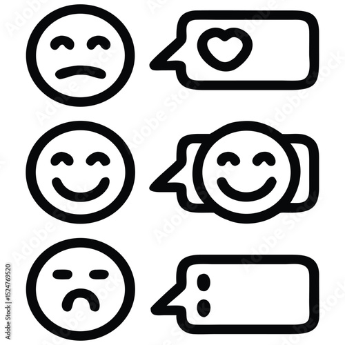 Black and White Illustration of Smiling and Sad Face Icons with Related Speech Bubbles