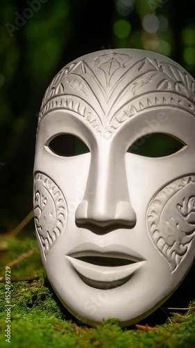 Artistic mask of light gray color with tribal design on the green mossy ground in a dimly lit forest, culture, mystery