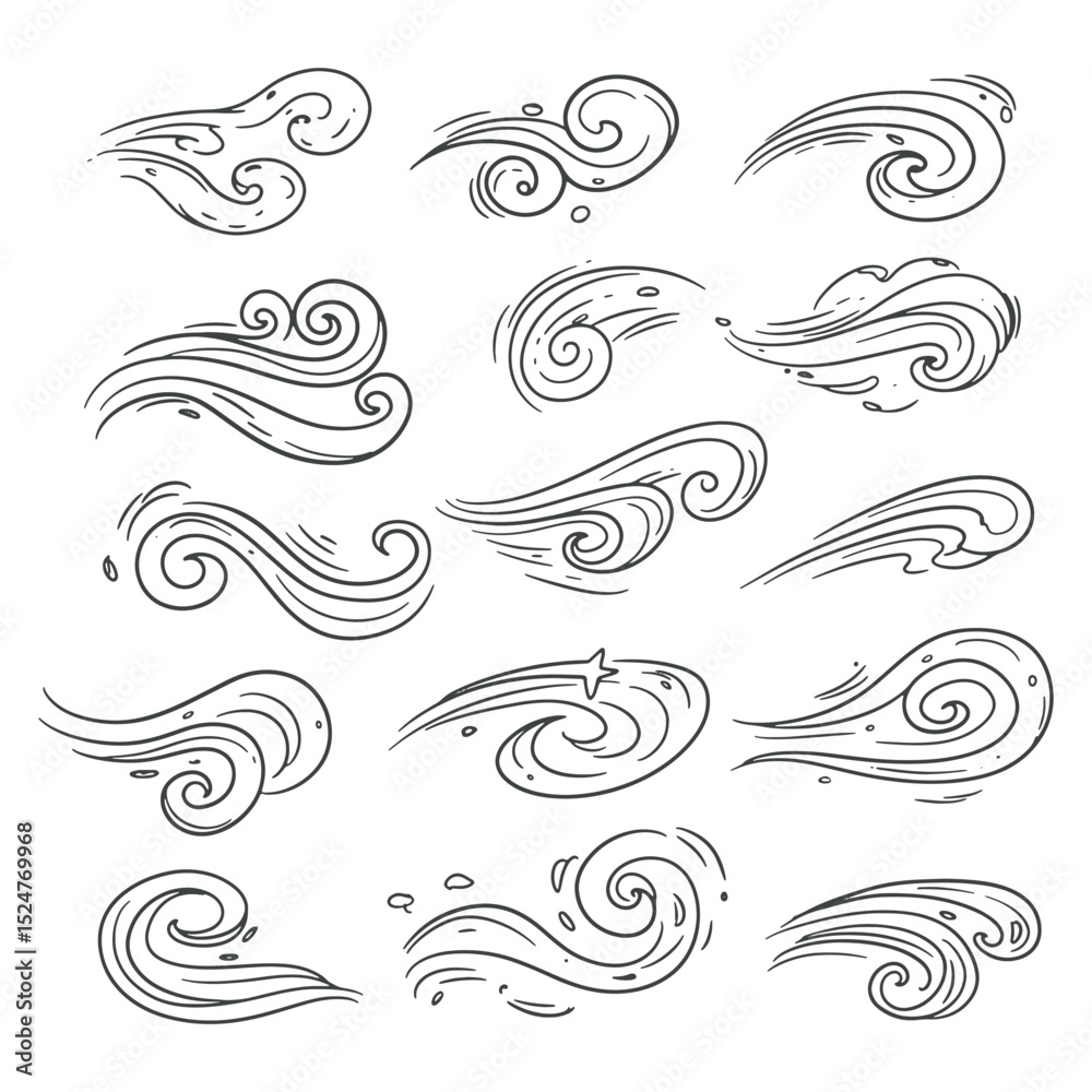 A set hand drawing of a wind line with doodle-style design A set hand drawing of a wind line with doodle-style design