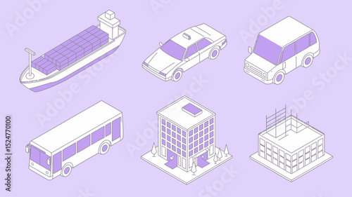 Isometric city vector illustration with transport building ship bus taxi car urban design concept art 3d editable stock vector illustration