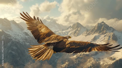 A large eagle is flying over a snowy mountain range. Concept of freedom and majesty, as the eagle soars high above the mountains. The contrast between the eagle's powerful wingspan