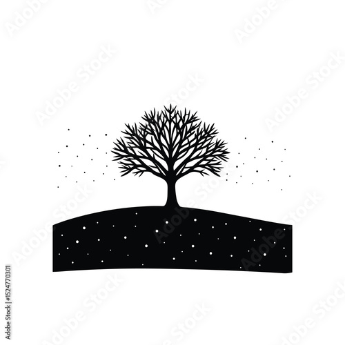 minimalist silhouette of a lone tree in a snowy fi.eps
