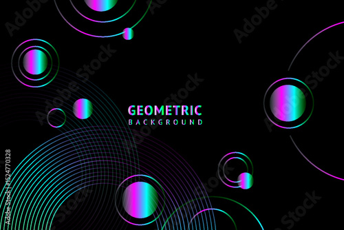 Abstract background black and colorful geometric circle lines pattern. Minimal modern banner. Futuristic, digital technology. Banner, flyer, cover, and brochure