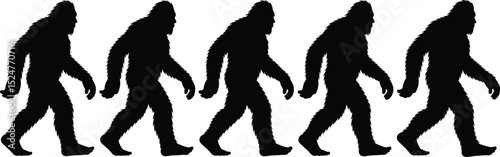 Bigfoot walking silhouette vector illustration, sasquatch cryptid clipart, mythical forest creature graphic, black hairy monster pose, legend symbol