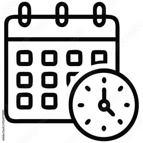 Black Outline Icon of Calendar with Square Grid and Analog Clock Showing Time