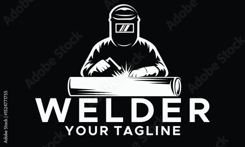 Welder welds a pipe in welding mask logo design vector template illustration