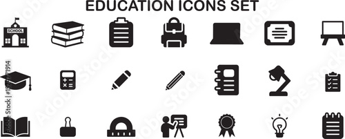  education icons including school, books, backpack, laptop, pen, notebook, and other learning tools. Perfect for educational infographics, e-learning platforms, web design, and school-themed graphic.