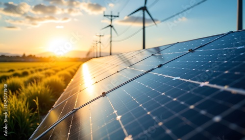 Renewable energy production solar farm image sunset close-up sustainability concept