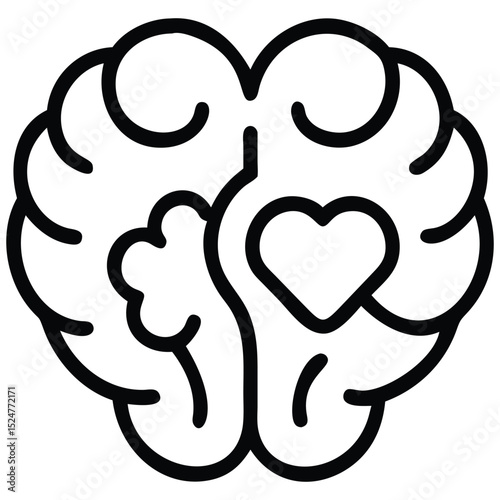 Brain Outline with Heart Inside Conceptual Illustration for Emotional Intelligence and Logic