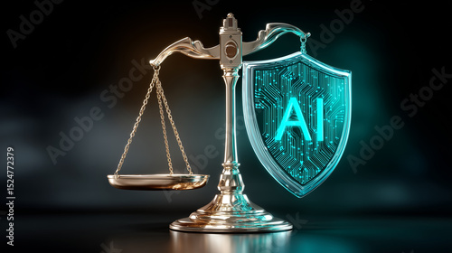3D balance scale with AI chip on one side and a shield on the other, symbol of ethical equilibrium in artificial intelligence, clean tech background