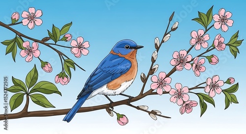 Beautiful bluebird perched on a flowering cherry blossom branch in springtime