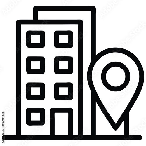 Building Icon with Location Pin, Office Address Locator Outline, Modern Design