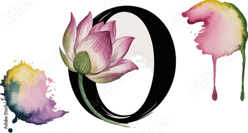 Watercolor lotus flower with black o and colorful paint splashes artistic floral illustration art print design editable stock vector illustration