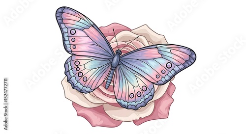 Beautiful hand drawn butterfly resting on a delicate pink rose flower with soft colors